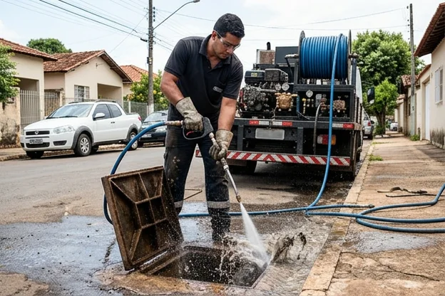 Equipamento de hidrojateamento em plena atividade em Passos.