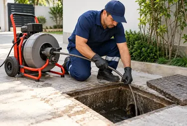 Equipe atuando no desentupimento de esgoto em uma rua de Passos.