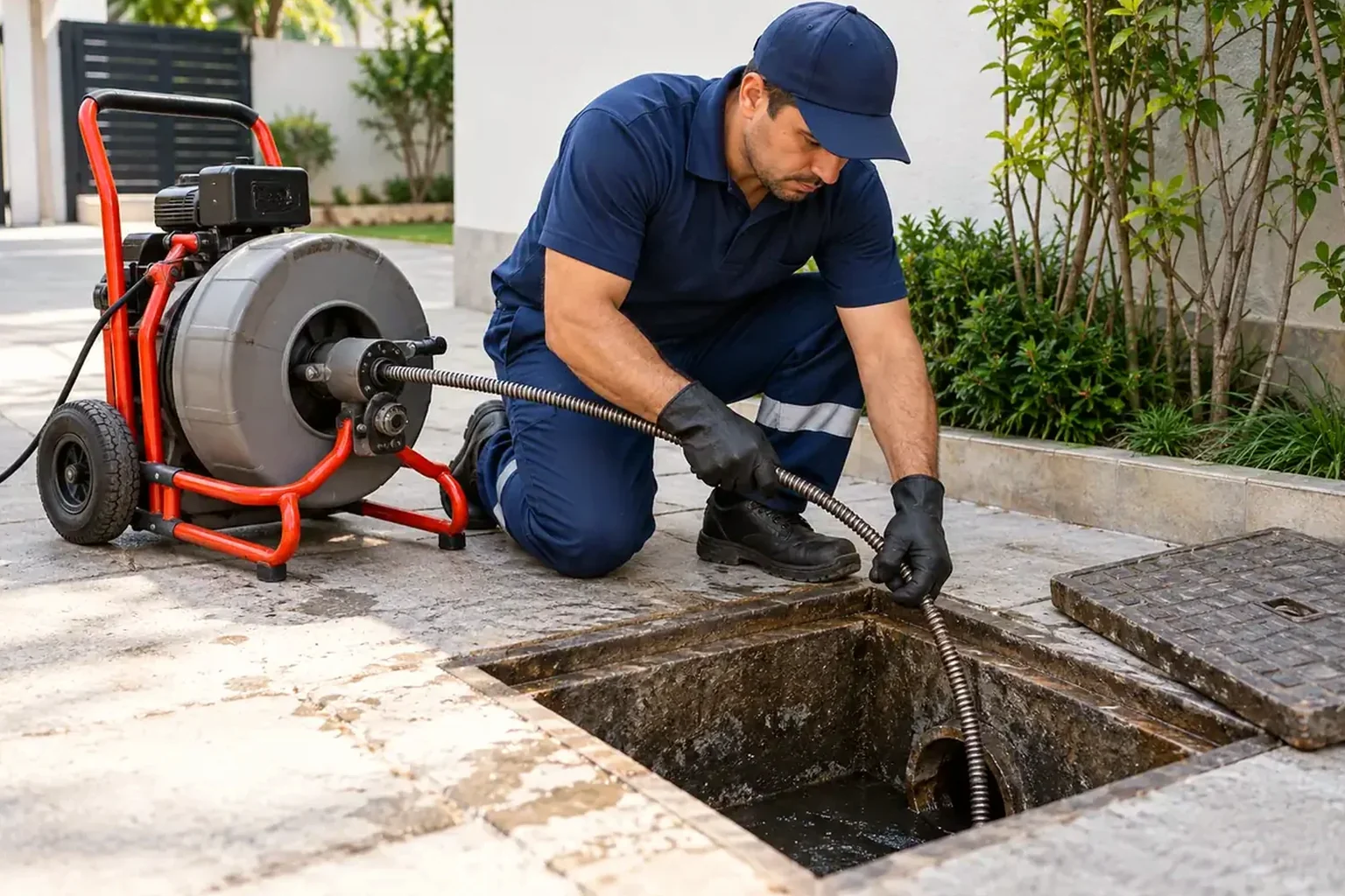 Equipe atuando no desentupimento de esgoto em uma rua de Passos.