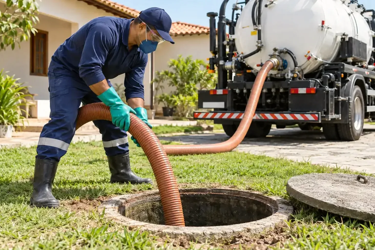Equipe realizando manutenção em rede de esgoto em Passos.