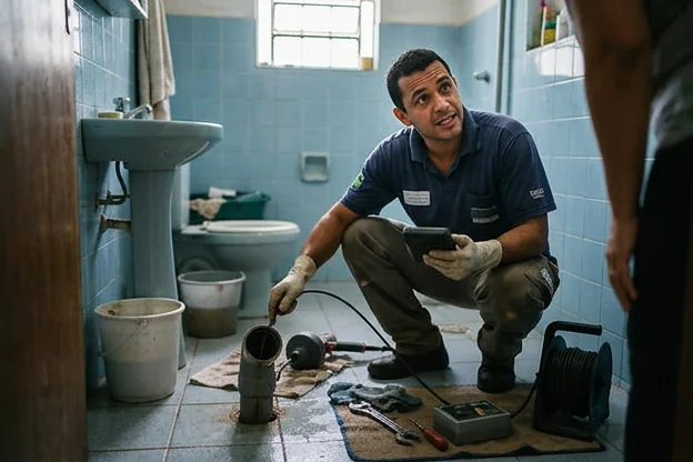 Profissional avaliando um entupimento em uma residência em Passos.