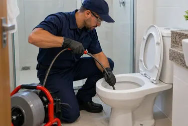 Profissional desentupindo vaso sanitário em uma casa em Passos.