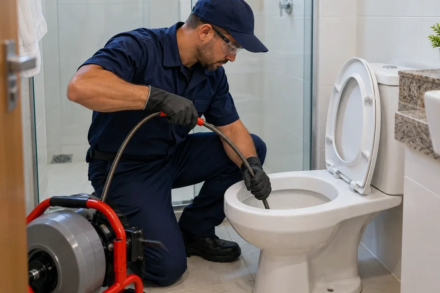 Profissional desentupindo vaso sanitário em uma casa em Passos.